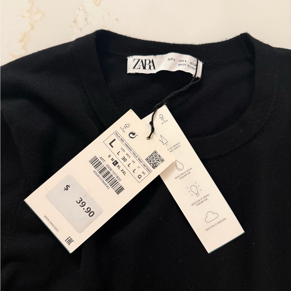 ZARA BLACK KNIT LONG SLEEVE SWEATER WHITE TRIM SLEEVES LARGE NWT - Picture 9 of 11